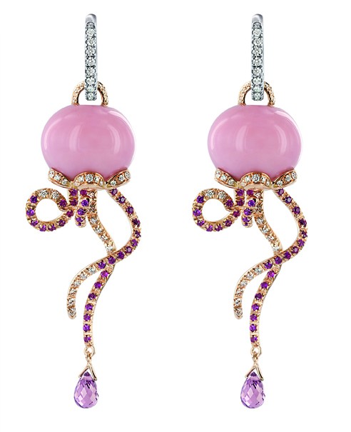 Orecchini Medusa in oro rosa e bianco, Diamanti, zaffiri rosa e opale rosa