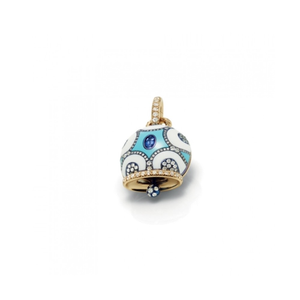 CIONDOLO CAMPANA CHANTECLER IN ORO ROSA KOGOLONG TURCHESE DIAMANTI E ZAFFIRO BLU - MAIOLICHE ref. 35378