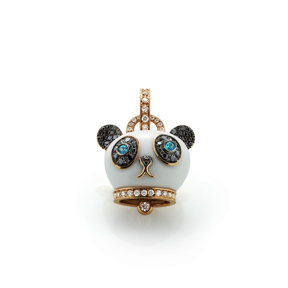 Ciondolo piccolo Campanella Panda  in oro rosa, kogolong, diamanti neri, diamanti bianchi e occhi in tormalina