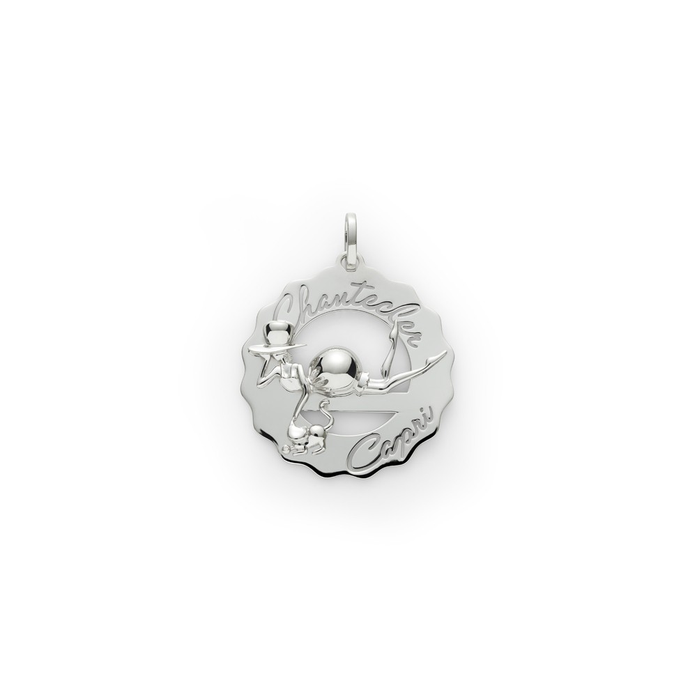 Ciondolo grande logo Madame Clochette con gatto, in argento lucido e un Diamante