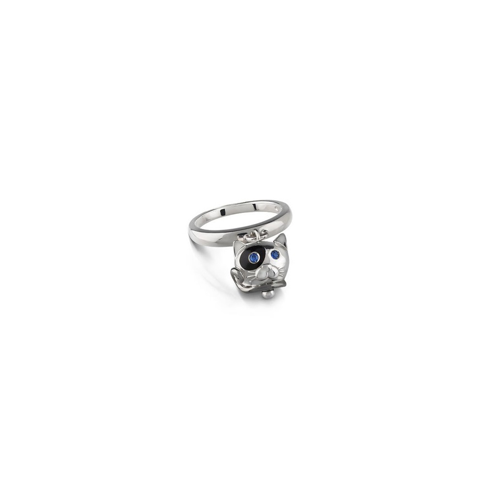 Anello campanella gatto Chantecler in argento smalto nero e zaffiri blu ref. 38751