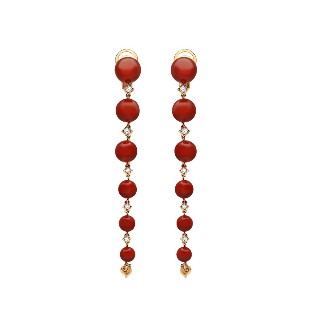 Orecchini pendenti lunghi Cherie Chantecler in oro rosa 18Kt, diamanti e corallo rosso ref. 42331