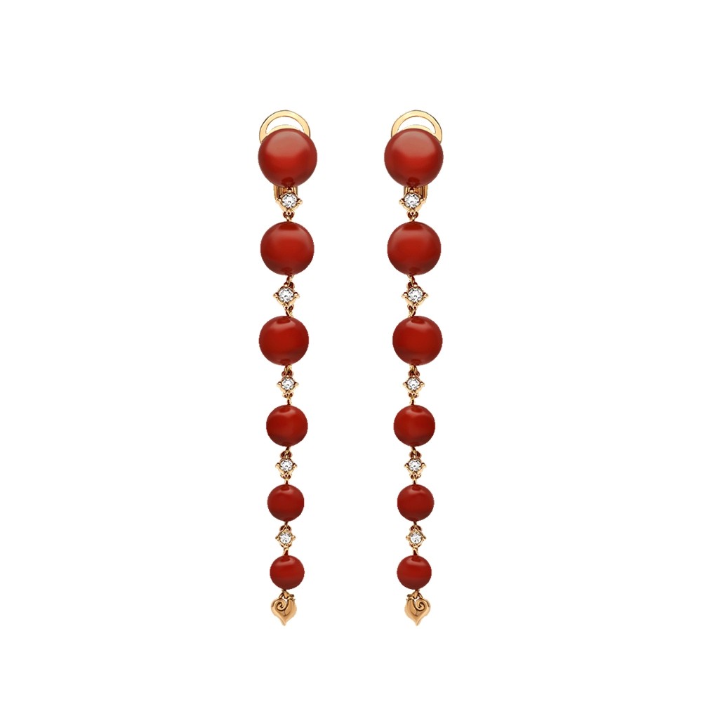 Orecchini pendenti lunghi Cherie Chantecler in oro rosa 18Kt, diamanti e corallo rosso ref. 42331