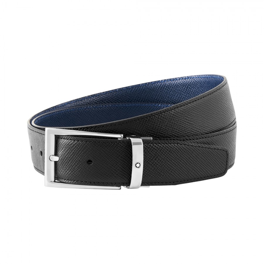 CINTURA REVERSIBILE MONTBLANC IN PELLE NERA E BLU SARTORIAL ref. 118438