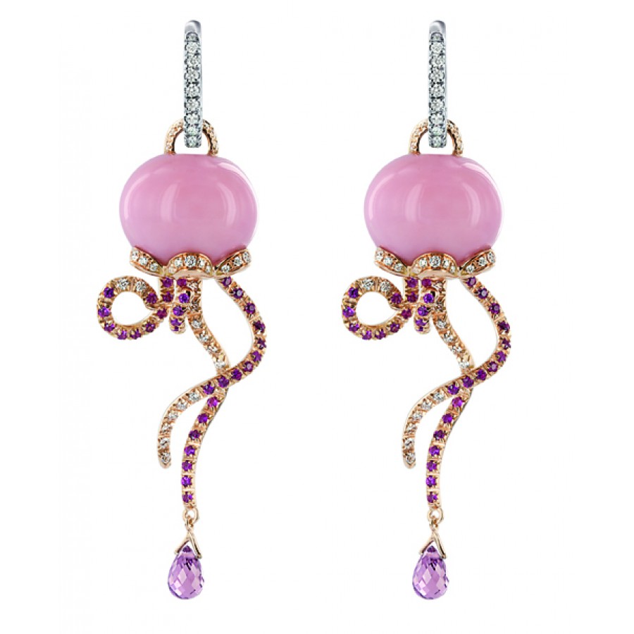 Orecchini Medusa in oro rosa e bianco, Diamanti, zaffiri rosa e opale rosa