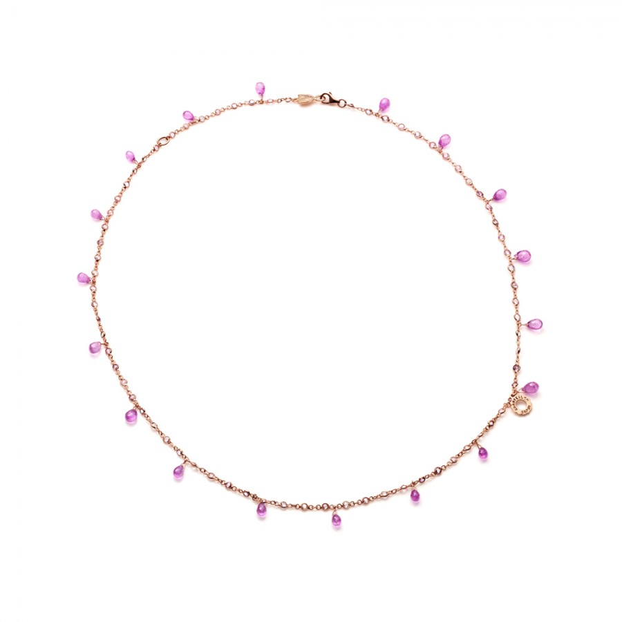 Collana 50 cm in oro rosa (con anellino a 45cm) con briolette in zaffiri rosa