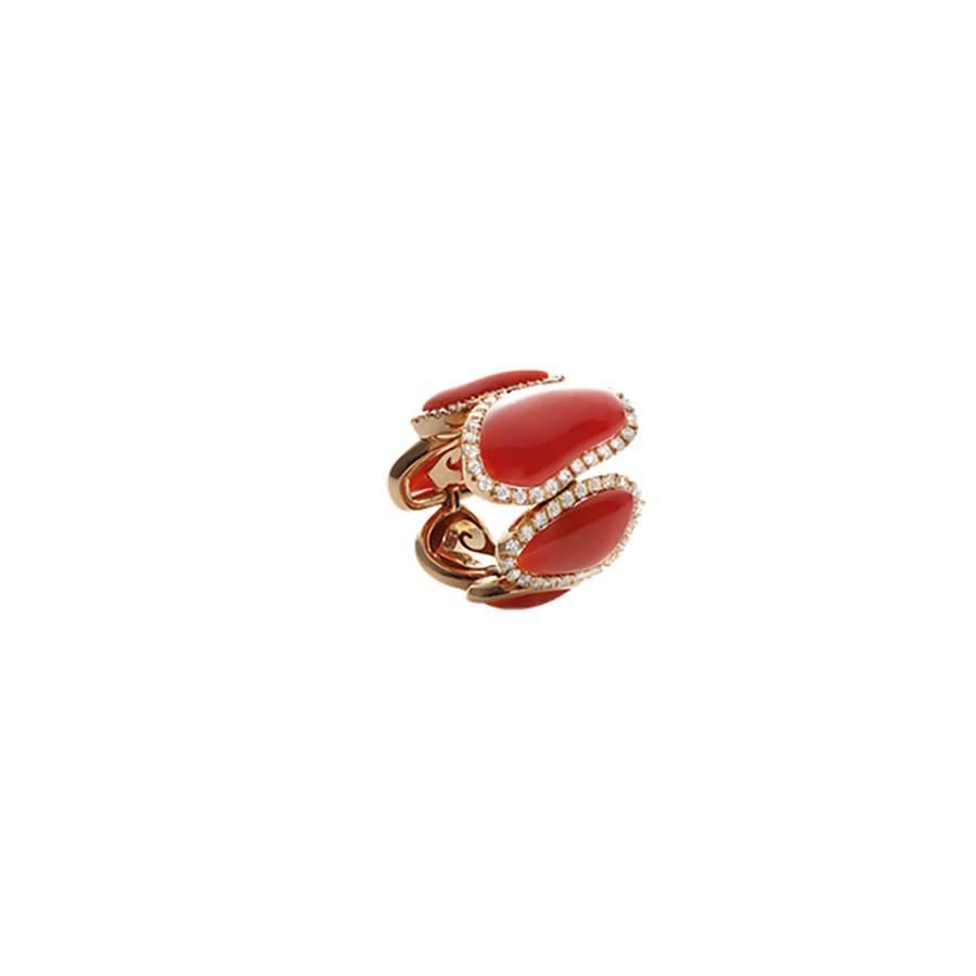 ANELLO A FASCIA CHANTECLER IN ORO ROSA CORALLO ROSSO E DIAMANTI BIANCHI - ENCHANTÉ ref. 36253