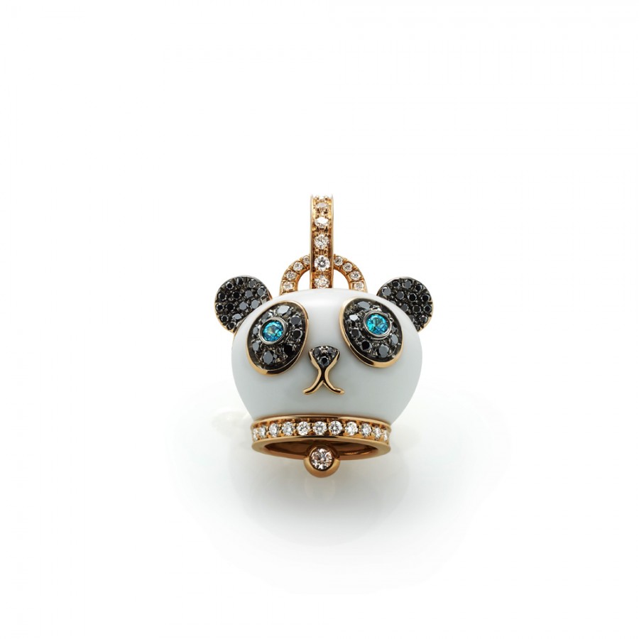 Ciondolo piccolo Campanella Panda  in oro rosa, kogolong, diamanti neri, diamanti bianchi e occhi in tormalina