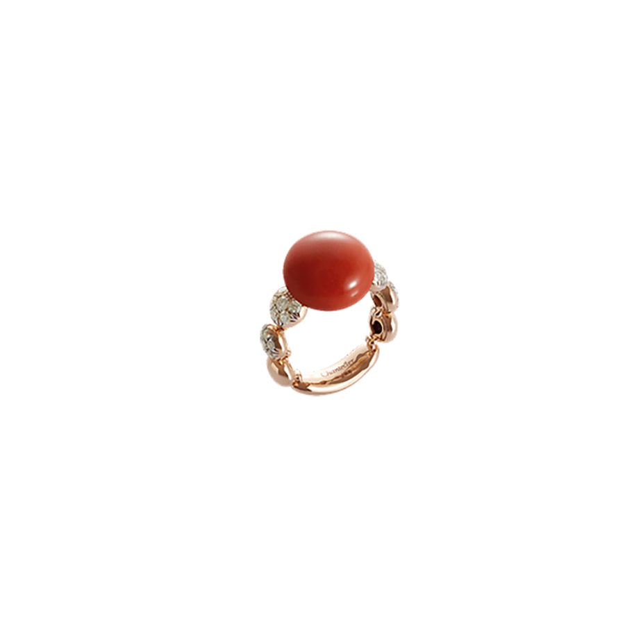 ANELLO CHANTECLER IN ORO ROSA CORALLO ROSSO E DIAMANTI - BON BON ref. 37974