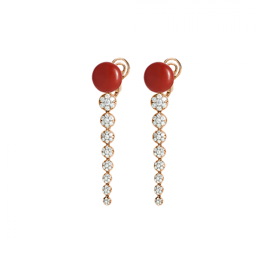 Orecchini pendenti lunghi Chantecler in oro rosa corallo rosso e diamanti ref. 37991