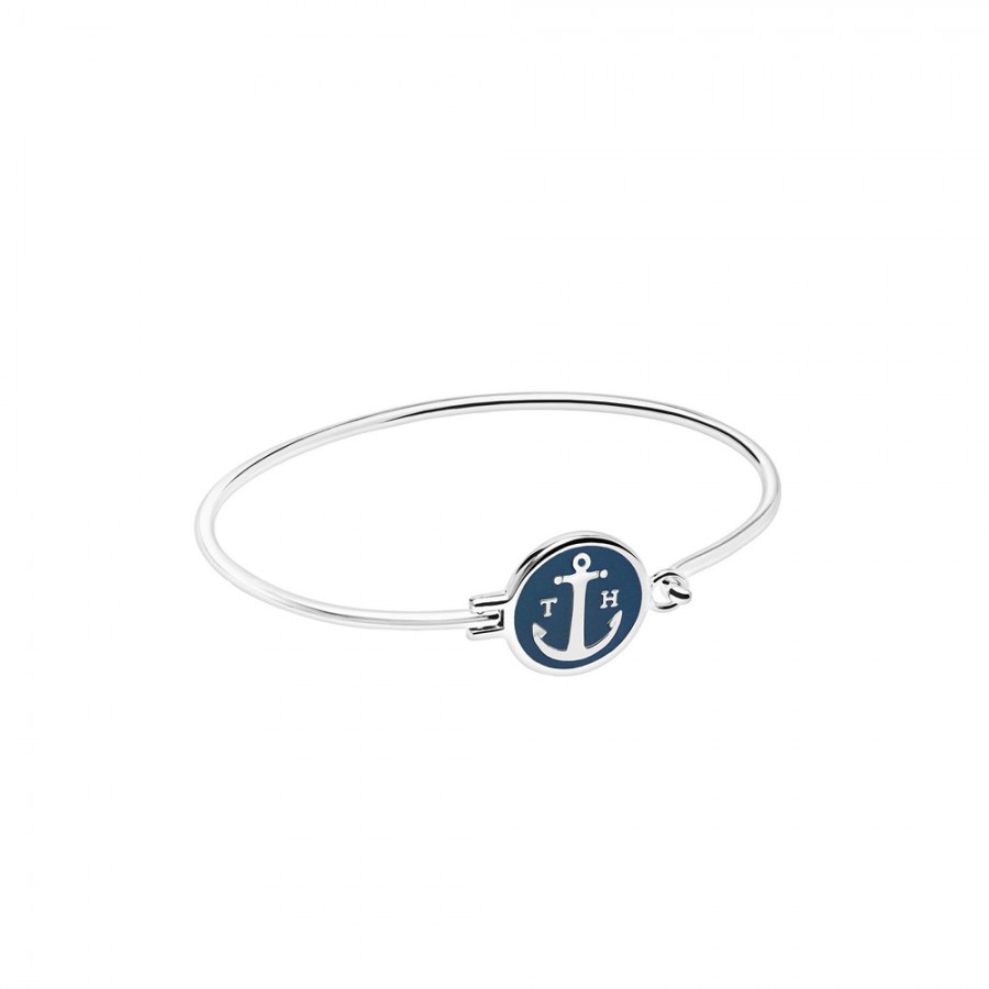 bangle ottone placcato argento, chiusura smaltata blu 