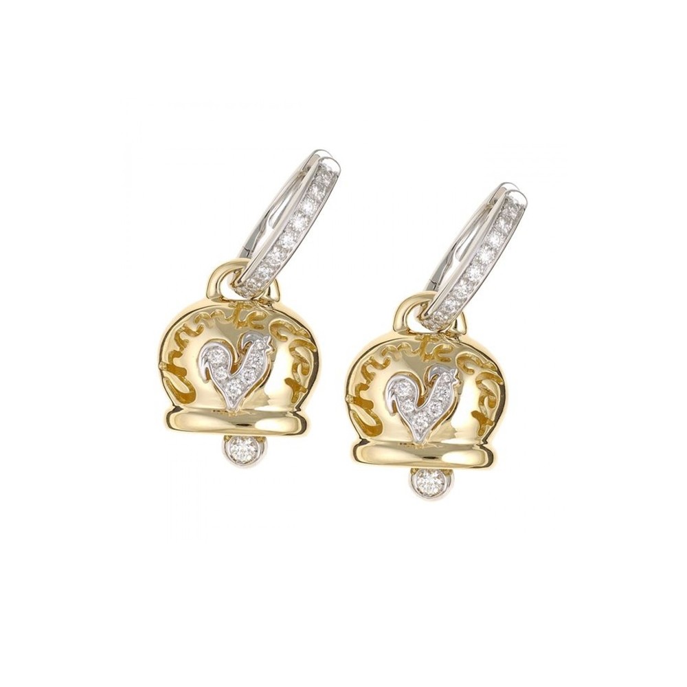 Earrings Chantecler Campanelle bells average yellow gold and pave diamonds rooster
