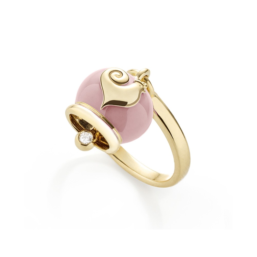 Ring Chantecler Campanelle Micro bell in yellow gold and pink enamel a diamond in the clapper