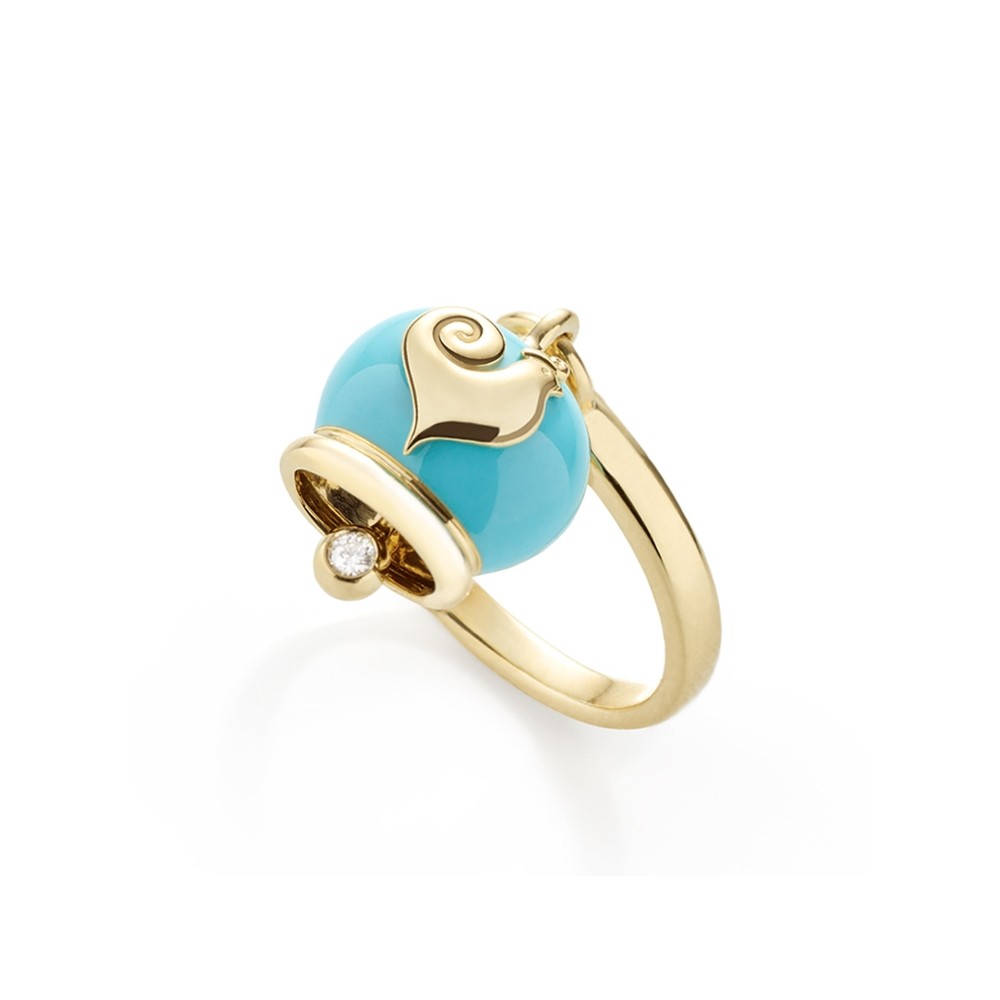 Ring Chantecler Campanelle Micro bell in yellow gold and blue enamel a diamond in the clapper