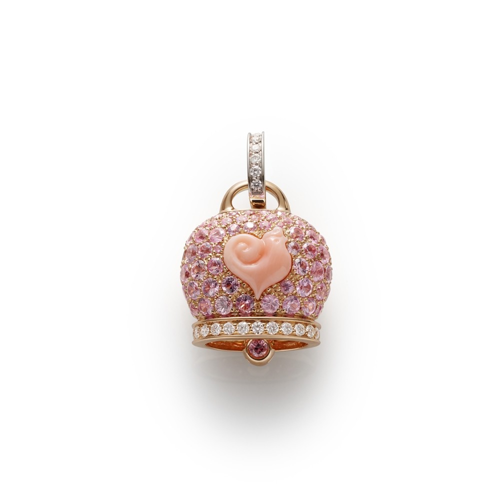  Pendant Chantecler Campanelle large bell in rose gold and pink sapphires, pink coral cockerel