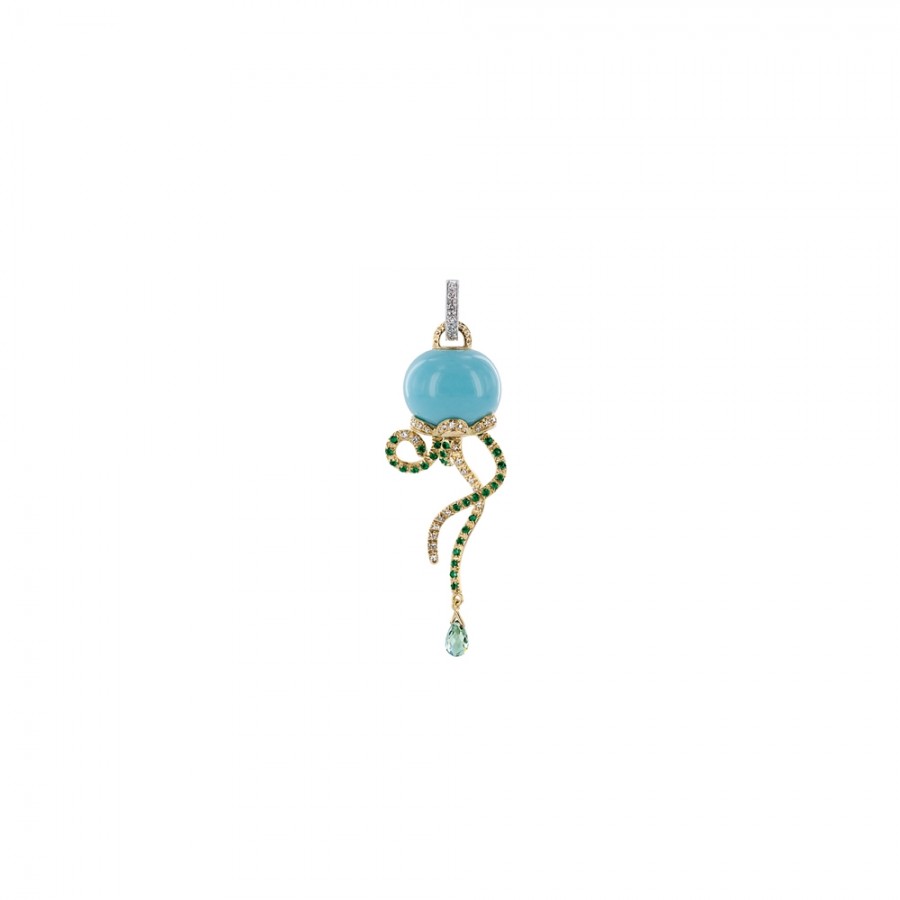Pendant Chantecler Marinelle Medusa in yellow and white gold, diamonds, emeralds, sapphires and turquoise