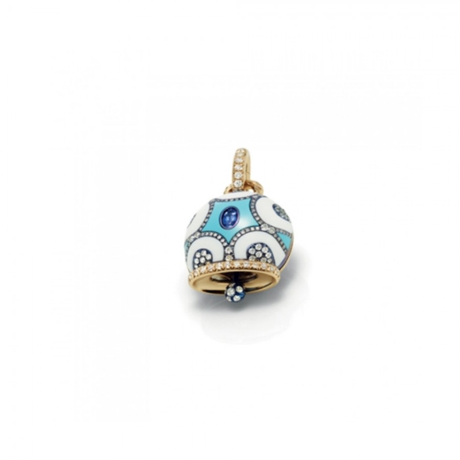 CIONDOLO CAMPANA CHANTECLER IN ORO ROSA KOGOLONG TURCHESE DIAMANTI E ZAFFIRO BLU - MAIOLICHE ref. 35378