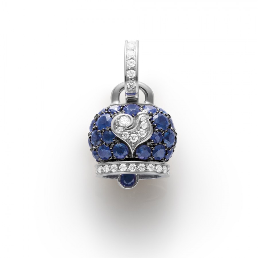 Pendant Chantecler Campanelle medium bell in burnished white gold and blue sapphires, white gold cockerel and white diamonds