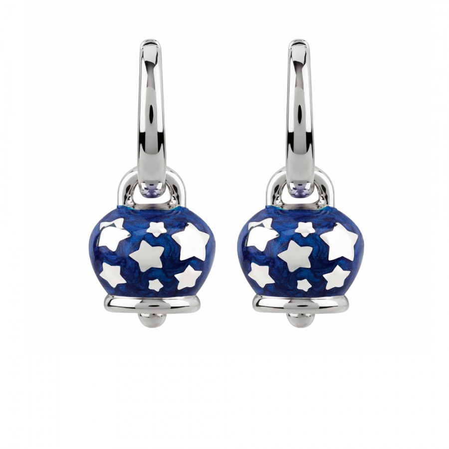 Orecchini Campanella micro in argento e smalto blu perlato, con stelline sul retro