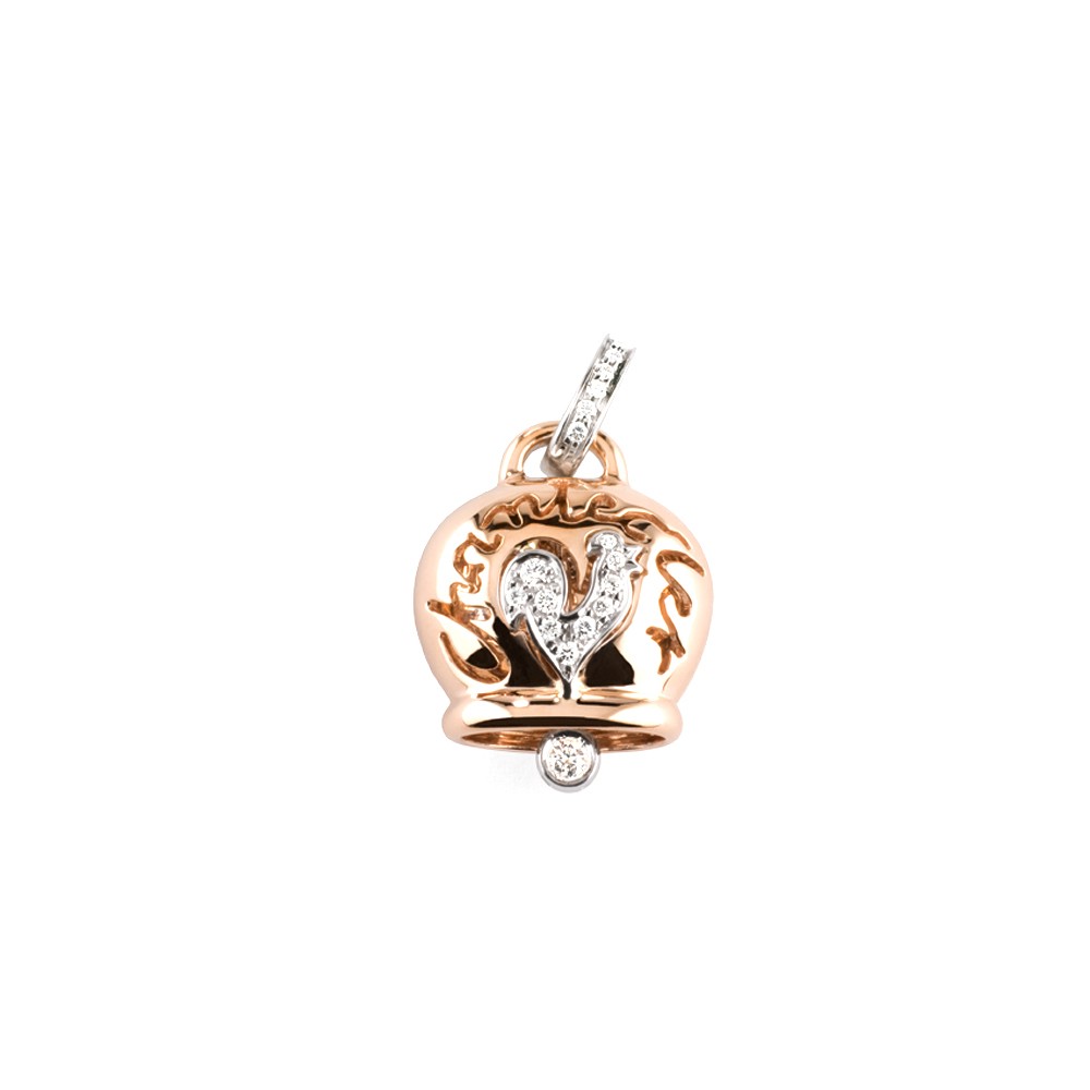 Ciondolo grande in oro rosa, Diamanti e gallo in pavé di Diamanti