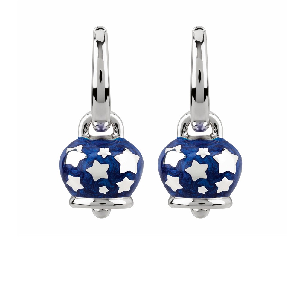 Orecchini Campanella micro in argento e smalto blu perlato, con stelline sul retro