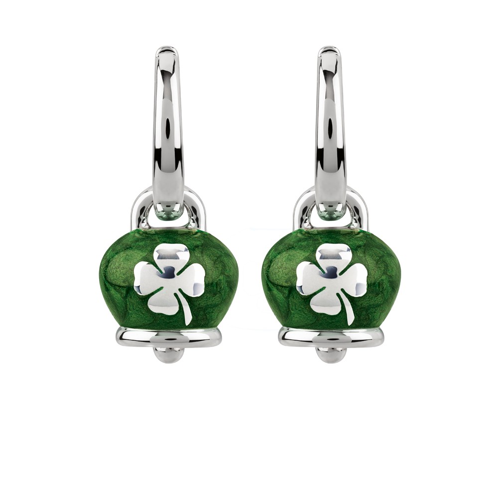 Orecchini Campanella micro in argento e smalto verde perlato, con quadrifoglio sul retro