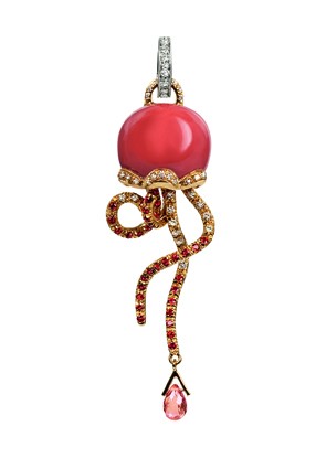 Ciondolo Mini Medusa oro giallo, corallo arancio,Diamanti,zaffiri orange