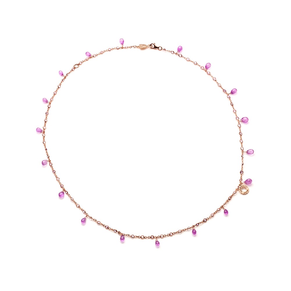 Collana 50 cm in oro rosa (con anellino a 45cm) con briolette in zaffiri rosa