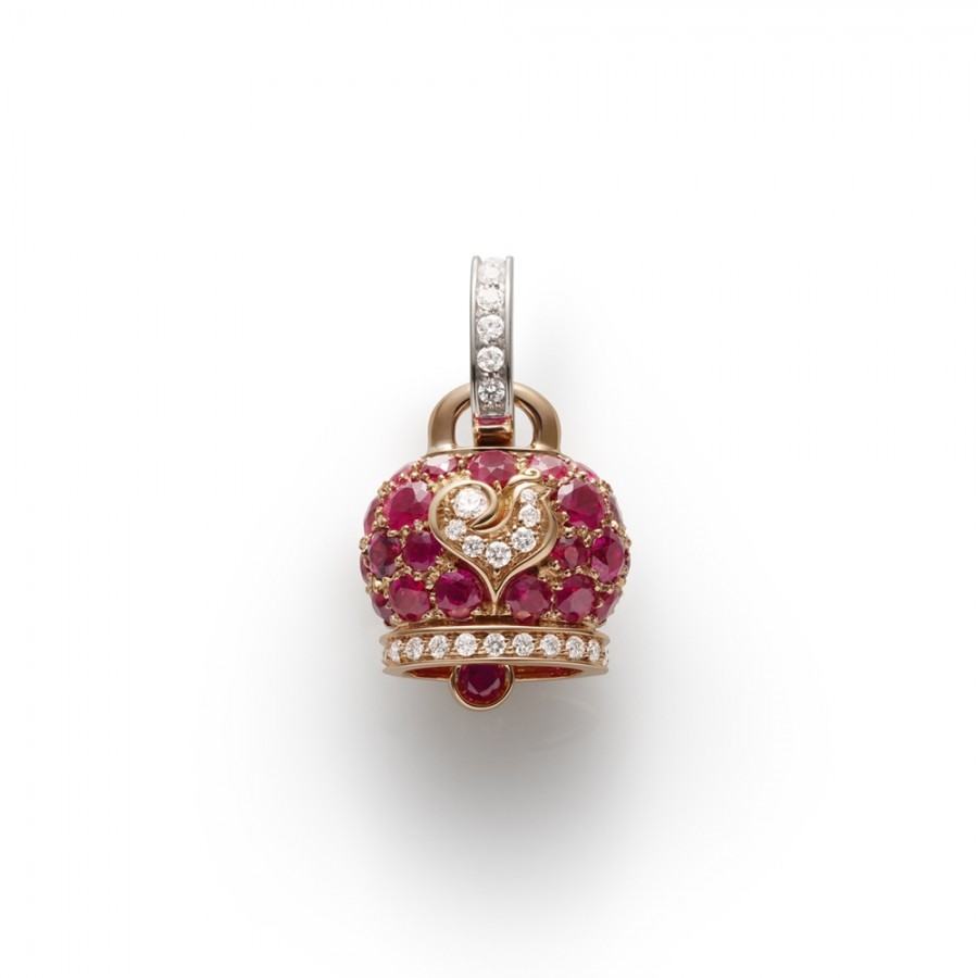  Ciondolo Chantecler Campanelle campanella media in oro rosa e rubini, galletto in oro bianco e diamanti bianchi
