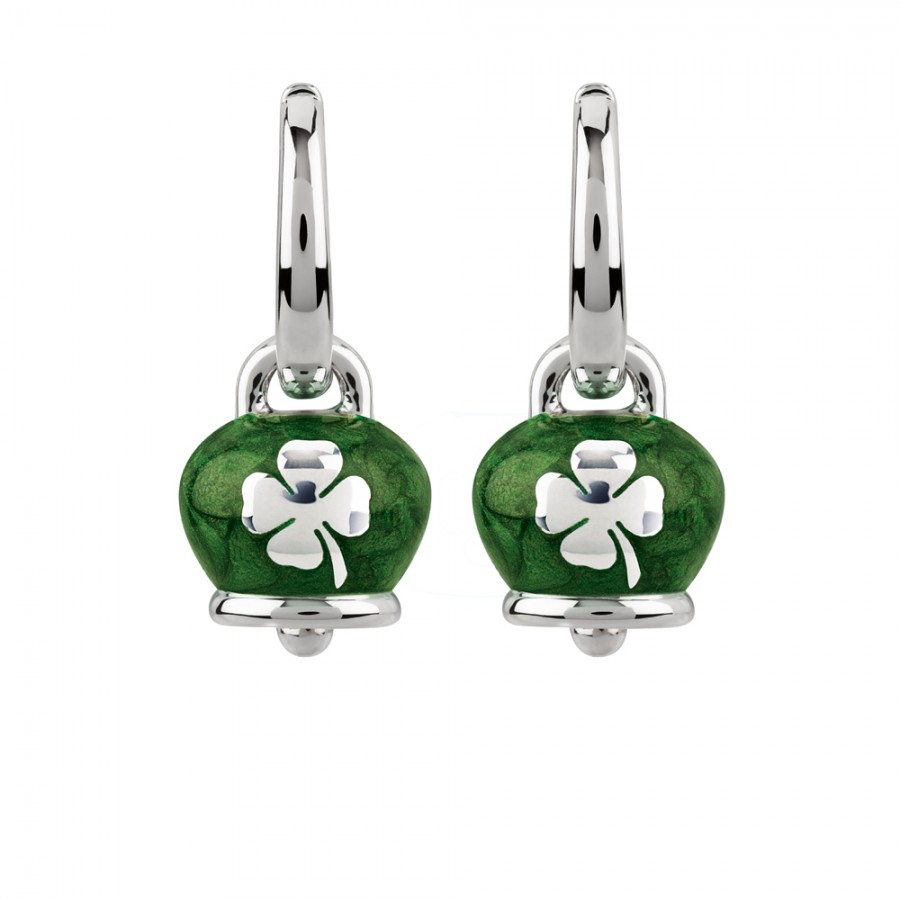 Orecchini Campanella micro in argento e smalto verde perlato, con quadrifoglio sul retro
