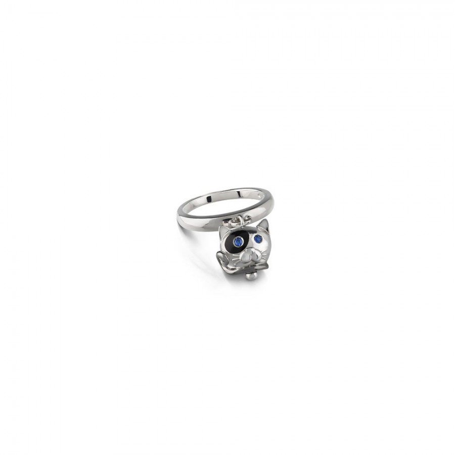 Anello campanella gatto Chantecler in argento smalto nero e zaffiri blu ref. 38751