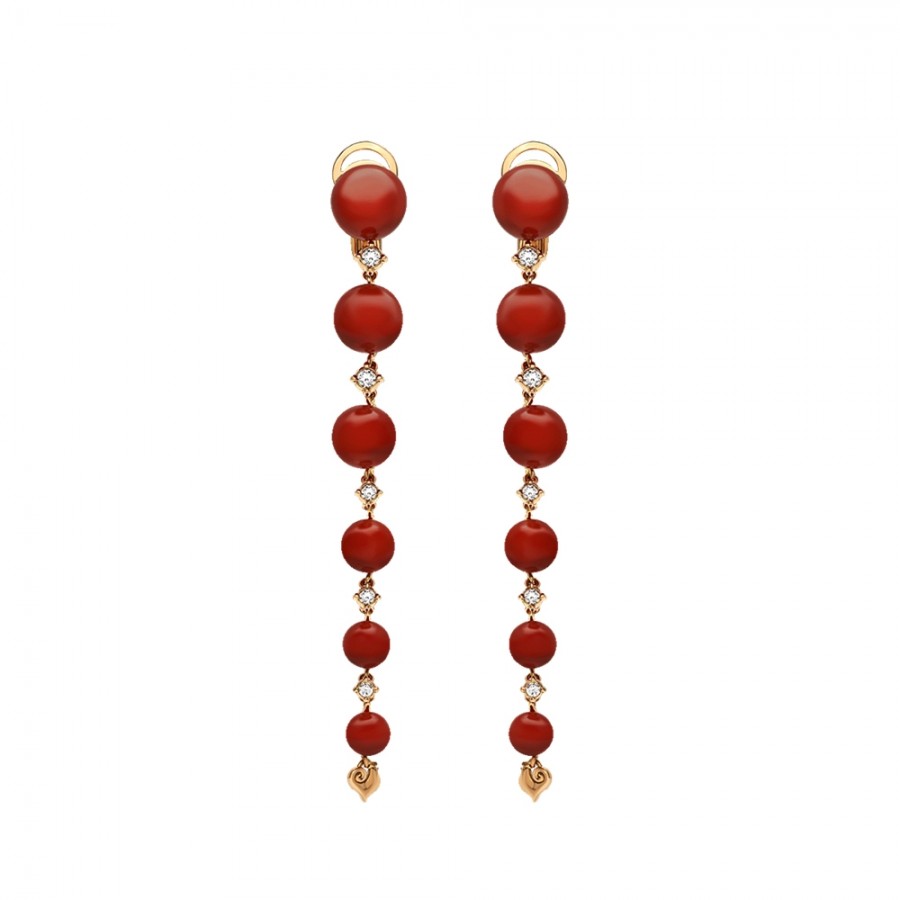 Orecchini pendenti lunghi Cherie Chantecler in oro rosa 18Kt, diamanti e corallo rosso ref. 42331